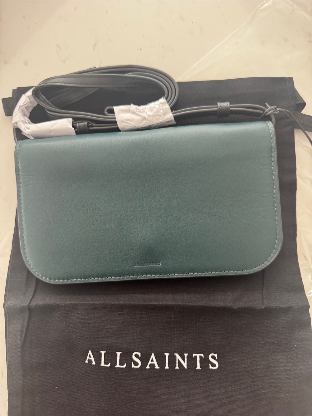 All Saints Teal Leather Crossbody Bag with Adjustable Strap